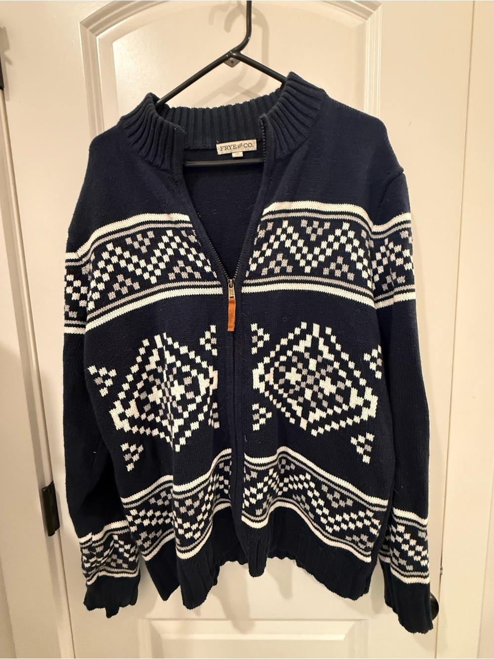FRYE AND CO. Navy Zip Cardigan with White Accent